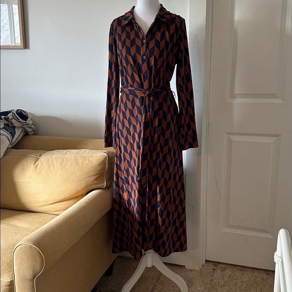 Boden Long Sleeve Dress - Navy and Rust Geometric